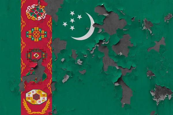 Gros Plan Grungy Endommagé Altéré Drapeau Turkménistan Sur Mur Décoller — Photo