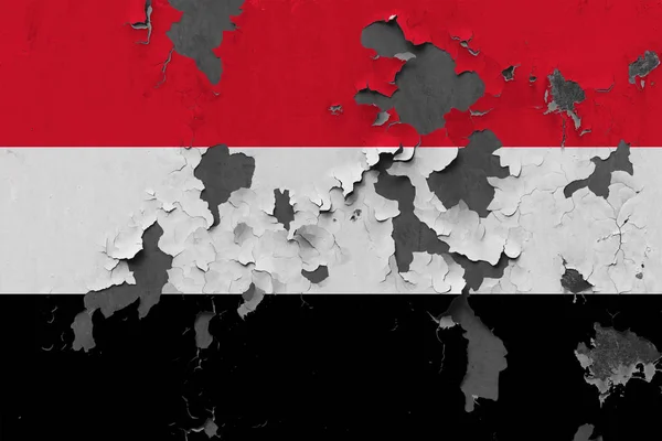 Nahaufnahme Grunziger Beschädigter Und Verwitterter Jemen Flagge Der Wand Die — Stockfoto
