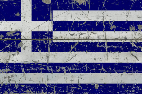 Grunge Greece flag on old scratched wooden surface. National vintage background.