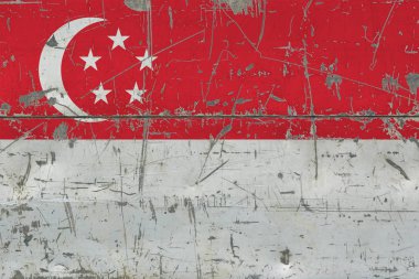 Grunge Singapur bayrağı eski ahşap yüzey kaşıdı. Ulusal antika arka plan.