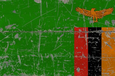 Grunge Zambiya bayrağı eski ahşap yüzey kaşıdı. Ulusal antika arka plan.