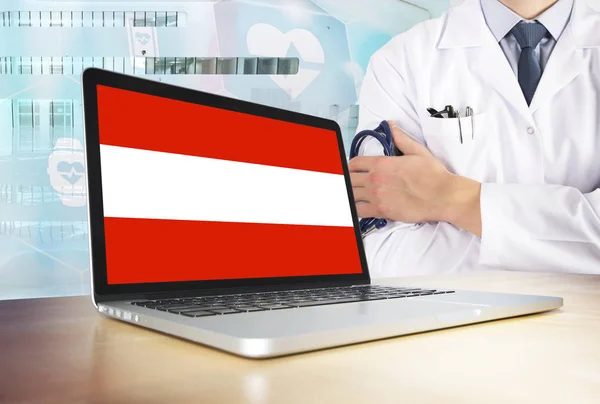 Austria Sistema Salud Tema Tecnología Bandera Austriaca Pantalla Del Ordenador — Foto de Stock
