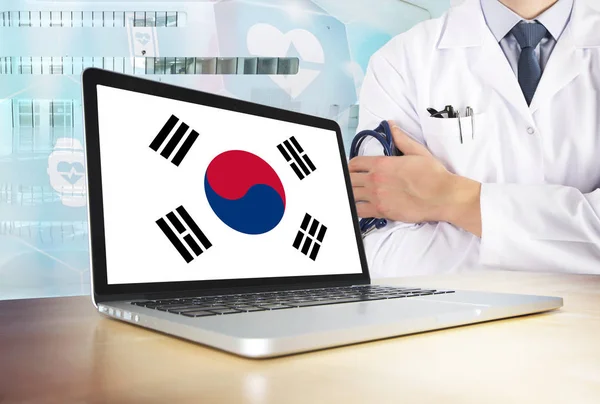 South Korea Healthcare System Tech Theme Korean Flag Computer Screen — Stock Photo, Image