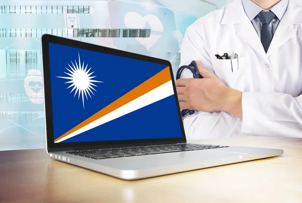 Sistema Salud Las Islas Marshall Tema Tecnológico Bandera Marshallese Pantalla — Foto de Stock