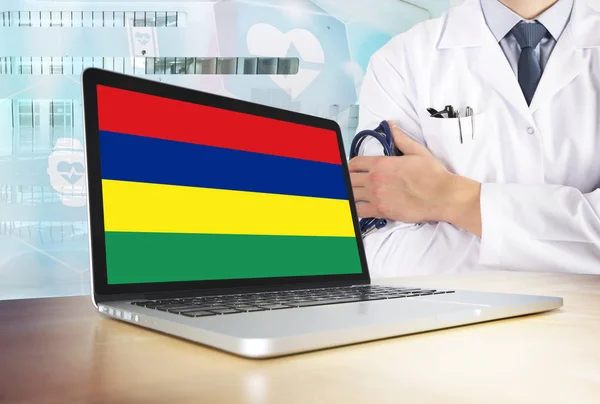 Mauricio Sistema Salud Tema Tecnología Bandera Mauricio Pantalla Del Ordenador — Foto de Stock