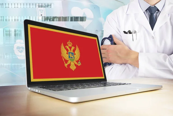 Montenegro Sistema Salud Tema Tecnología Bandera Montenegrina Pantalla Del Ordenador — Foto de Stock