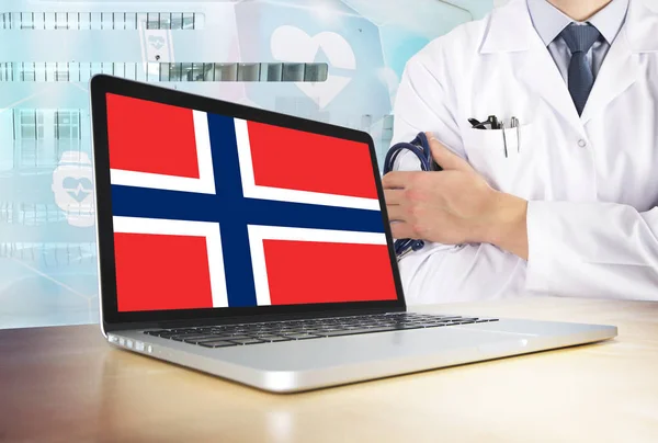 Noruega Sistema Salud Tema Tecnología Bandera Noruega Pantalla Del Ordenador — Foto de Stock