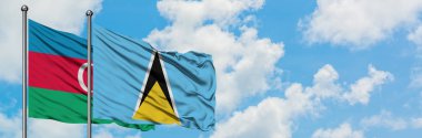 Azerbaycan ve Saint Lucia bayrağı havada havada sallanıyor. Diplomasi kavramı, uluslararası ilişkiler.