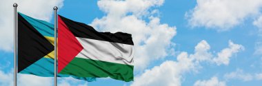 Bahamalar ve Filistin bayrağı birlikte beyaz bulutlu mavi gökyüzüne karşı rüzgarda sallayarak. Diplomasi kavramı, uluslararası ilişkiler.