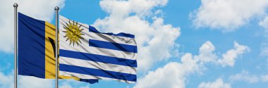 Barbados ve Uruguay bayrağı birlikte beyaz bulutlu mavi gökyüzüne karşı rüzgarda sallayarak. Diplomasi kavramı, uluslararası ilişkiler.