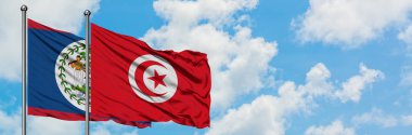 Belize ve Tunus bayrağı birlikte beyaz bulutlu mavi gökyüzüne karşı rüzgarda sallayarak. Diplomasi kavramı, uluslararası ilişkiler.
