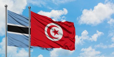 Botsvana ve Tunus bayrağı birlikte beyaz bulutlu mavi gökyüzüne karşı rüzgarda sallayarak. Diplomasi kavramı, uluslararası ilişkiler.