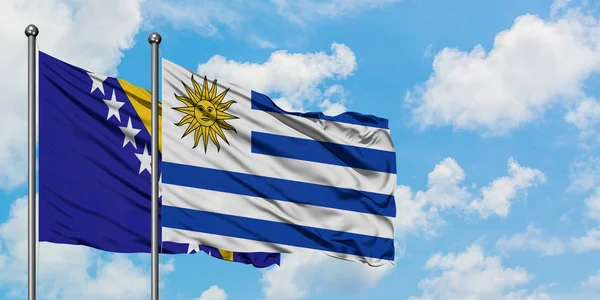 Η σημαία της Βοσνίας Ερζεγοβίνης και της Ουρουγουάης χαιρετά τον άνεμο ενάντια στον λευκό συννεφιασμένο γαλάζιο ουρανό. Φιλοσοφία της διπλωματίας, διεθνείς σχέσεις. — Φωτογραφία Αρχείου