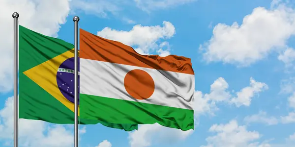 Bandera de Brasil y Níger ondeando en el viento contra el cielo azul nublado blanco juntos. Concepto diplomático, relaciones internacionales . — Foto de Stock