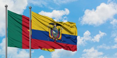 Kamerun ve Ekvador bayrağı birlikte beyaz bulutlu mavi gökyüzüne karşı rüzgarsal sallayarak. Diplomasi kavramı, uluslararası ilişkiler.