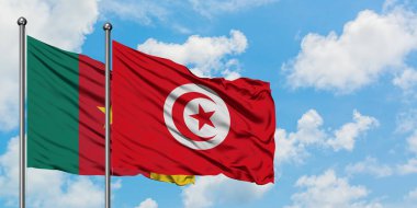 Kamerun ve Tunus bayrağı birlikte beyaz bulutlu mavi gökyüzüne karşı rüzgarsal sallayarak. Diplomasi kavramı, uluslararası ilişkiler.