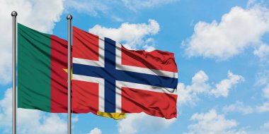 Kamerun ve Norveç bayrağı birlikte beyaz bulutlu mavi gökyüzüne karşı rüzgarsal sallayarak. Diplomasi kavramı, uluslararası ilişkiler.