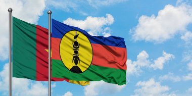 Kamerun ve Yeni Kaledonya bayrağı birlikte beyaz bulutlu mavi gökyüzüne karşı rüzgarda sallayarak. Diplomasi kavramı, uluslararası ilişkiler.