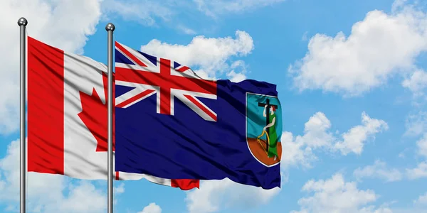 Bandera de Canadá y Montserrat ondeando en el viento contra el cielo azul nublado blanco juntos. Concepto diplomático, relaciones internacionales . — Foto de Stock