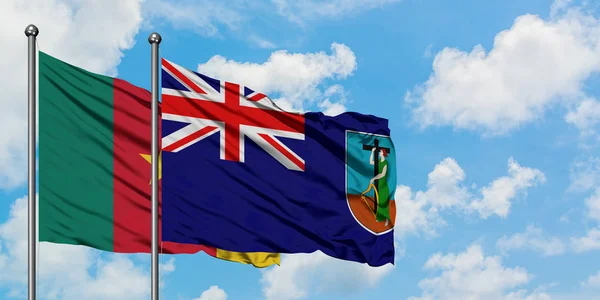 Bandera de Camerún y Montserrat ondeando en el viento contra el cielo azul nublado blanco juntos. Concepto diplomático, relaciones internacionales . — Foto de Stock