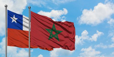 Chile and Morocco flag waving in the wind against white cloudy blue sky together. Diplomacy concept, international relations. clipart