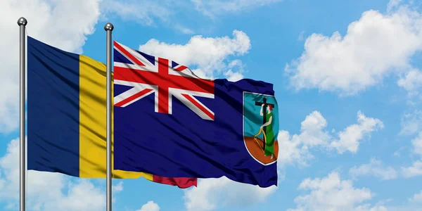 乍得和蒙特塞拉特国旗在风中飘扬，与白云相间的蓝天相一起。外交概念、国际关系. — 图库照片