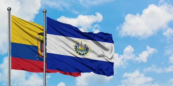 Ecuador and El Salvador flag waving in the wind against white cloudy blue sky together. Diplomacy concept, international relations. — Stock Photo, Image