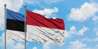 Estonya ve Endonezya bayrağı birlikte beyaz bulutlu mavi gökyüzüne karşı rüzgarda sallayarak. Diplomasi kavramı, uluslararası ilişkiler.