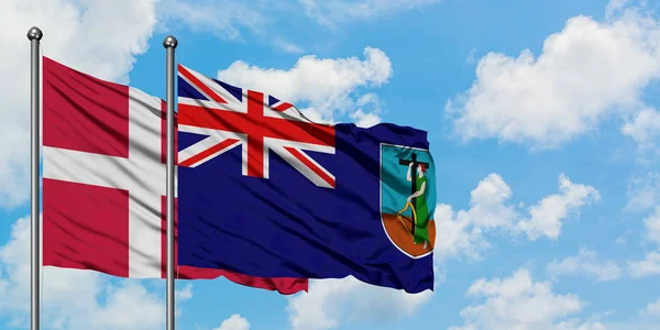 Bandera de Dinamarca y Montserrat ondeando en el viento contra el cielo azul nublado blanco juntos. Concepto diplomático, relaciones internacionales . — Foto de Stock