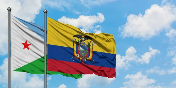 Bandera de Djibouti y Ecuador ondeando en el viento contra el cielo azul nublado blanco juntos. Concepto diplomático, relaciones internacionales . — Foto de Stock