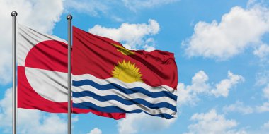 Grönland ve Kiribati bayrağı birlikte beyaz bulutlu mavi gökyüzüne karşı rüzgarda sallayarak. Diplomasi kavramı, uluslararası ilişkiler.