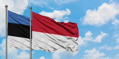 Estonya ve Monako bayrağı birlikte beyaz bulutlu mavi gökyüzüne karşı rüzgarda sallayarak. Diplomasi kavramı, uluslararası ilişkiler.