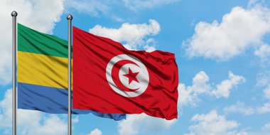 Gabon ve Tunus bayrağı birlikte beyaz bulutlu mavi gökyüzüne karşı rüzgarda sallayarak. Diplomasi kavramı, uluslararası ilişkiler.