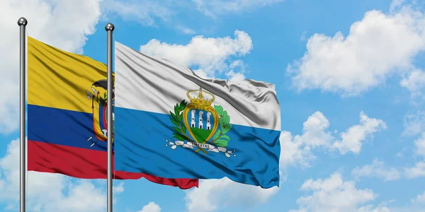Bandera de Ecuador y San Marino ondeando en el viento contra el cielo azul nublado blanco juntos. Concepto diplomático, relaciones internacionales . — Foto de Stock