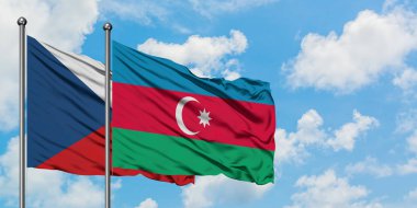 Çek Cumhuriyeti ve Azerbaycan bayrağı havada havada sallanıyor. Diplomasi kavramı, uluslararası ilişkiler.