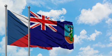 Çek Cumhuriyeti ve Montserrat bayrağı birlikte beyaz bulutlu mavi gökyüzüne karşı rüzgarda sallayarak. Diplomasi kavramı, uluslararası ilişkiler.