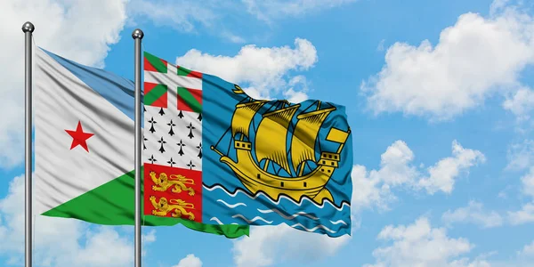 Gibuti e Saint Pierre e Miquelon bandiera sventolando nel vento contro bianco cielo blu nuvoloso insieme. Concetto di diplomazia, relazioni internazionali . — Foto Stock