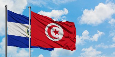 El Salvador ve Tunus bayrağı birlikte beyaz bulutlu mavi gökyüzüne karşı rüzgarda sallayarak. Diplomasi kavramı, uluslararası ilişkiler.