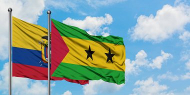 Ekvador ve Sao Tome ve Principe bayrağı birlikte beyaz bulutlu mavi gökyüzüne karşı rüzgarda sallayarak. Diplomasi kavramı, uluslararası ilişkiler.