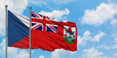 Çek Cumhuriyeti ve Bermuda bayrağı birlikte beyaz bulutlu mavi gökyüzüne karşı rüzgarda sallayarak. Diplomasi kavramı, uluslararası ilişkiler.