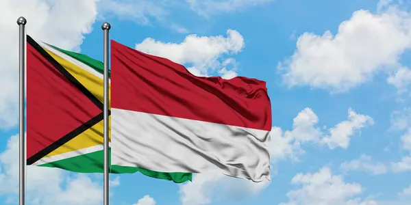가이아나와 모나코 깃발이 하얀 흐린 푸른 하늘을 배경으로 바람에 흔들리고 있습니다. 외교 개념, 국제 관계. — 스톡 사진