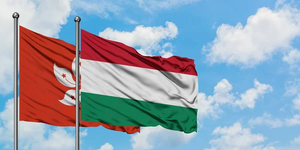 Hong Kong és Magyarország zászló integetett a szél ellen, fehér felhős kék eget együtt. Diplomáciai koncepció, nemzetközi kapcsolatok. — Stock Fotó