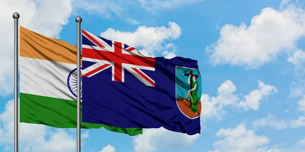 Drapeau de l'Inde et Montserrat agitant dans le vent contre ciel bleu nuageux blanc ensemble. Concept de diplomatie, relations internationales . — Photo