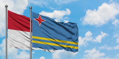 Irak ve Aruba bayrağı birlikte beyaz bulutlu mavi gökyüzüne karşı rüzgarda sallayarak. Diplomasi kavramı, uluslararası ilişkiler.