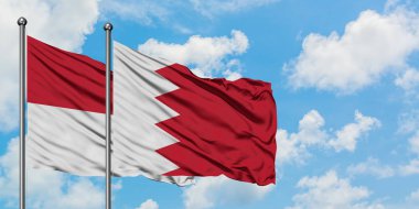 Irak ve Bahreyn bayrağı birlikte beyaz bulutlu mavi gökyüzüne karşı rüzgarsal sallayarak. Diplomasi kavramı, uluslararası ilişkiler.