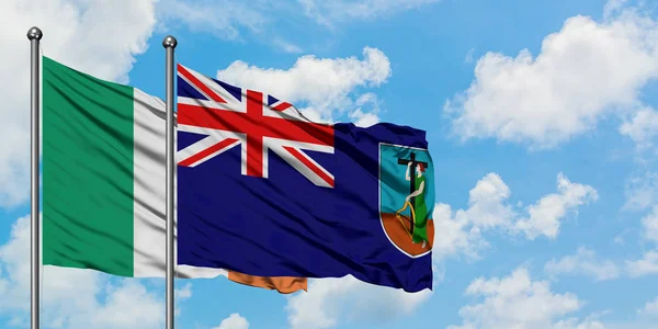 Bandera de Irlanda y Montserrat ondeando en el viento contra el cielo azul nublado blanco juntos. Concepto diplomático, relaciones internacionales . — Foto de Stock