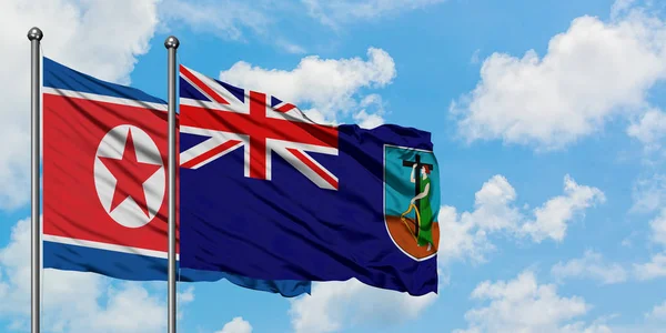 Bandera de Corea del Norte y Montserrat ondeando en el viento contra el cielo azul nublado blanco juntos. Concepto diplomático, relaciones internacionales . —  Fotos de Stock