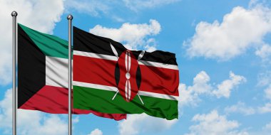 Kuveyt ve Kenya bayrağı birlikte beyaz bulutlu mavi gökyüzüne karşı rüzgarda sallayarak. Diplomasi kavramı, uluslararası ilişkiler.