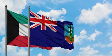 Kuveyt ve Montserrat bayrağı birlikte beyaz bulutlu mavi gökyüzüne karşı rüzgarda sallayarak. Diplomasi kavramı, uluslararası ilişkiler.