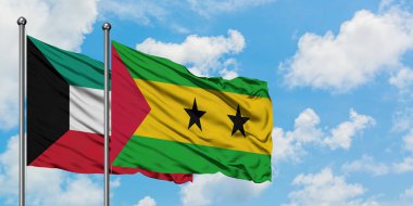 Kuveyt ve Sao Tome ve Principe bayrak birlikte beyaz bulutlu mavi gökyüzüne karşı rüzgarda sallayarak. Diplomasi kavramı, uluslararası ilişkiler.